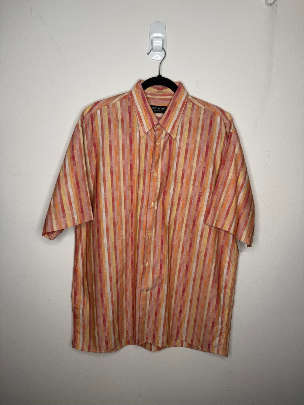 Riscatto Striped Short-Sleeve Button-Down Shirt in Orange and Pink (Italian Made